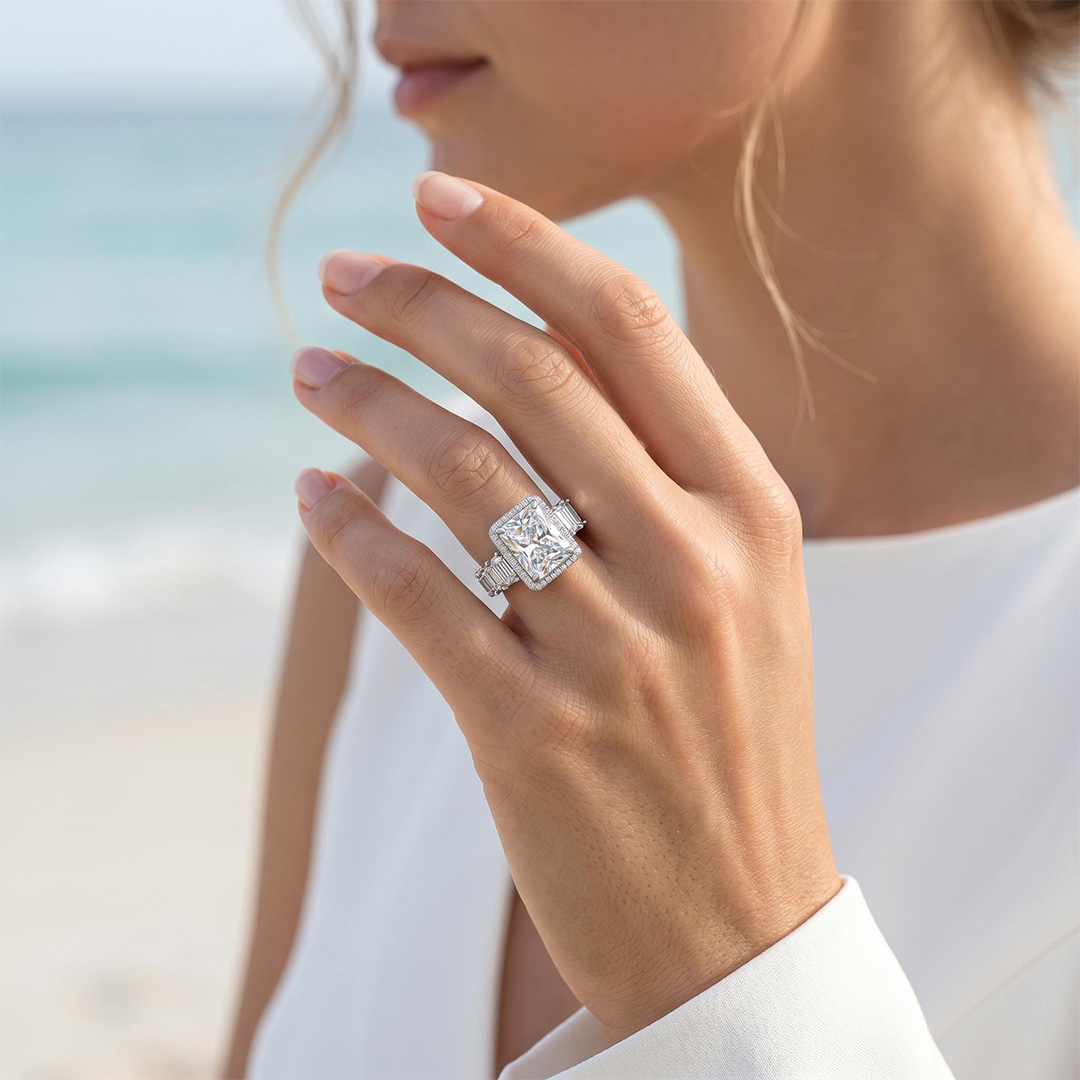 14.16ct. tw. Radiant Cut VVS Moissanite Halo Engagement Ring 14.16ct. tw. Radiant Cut VVS Moissanite Halo Engagement Ring