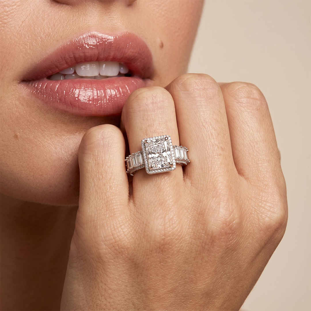 14.16ct. tw. Radiant Cut VVS Moissanite Halo Engagement Ring 14.16ct. tw. Radiant Cut VVS Moissanite Halo Engagement Ring