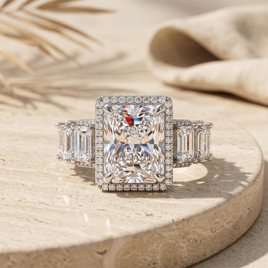 14.16ct. tw. Radiant Cut VVS Moissanite Halo Engagement Ring 14.16ct. tw. Radiant Cut VVS Moissanite Halo Engagement Ring