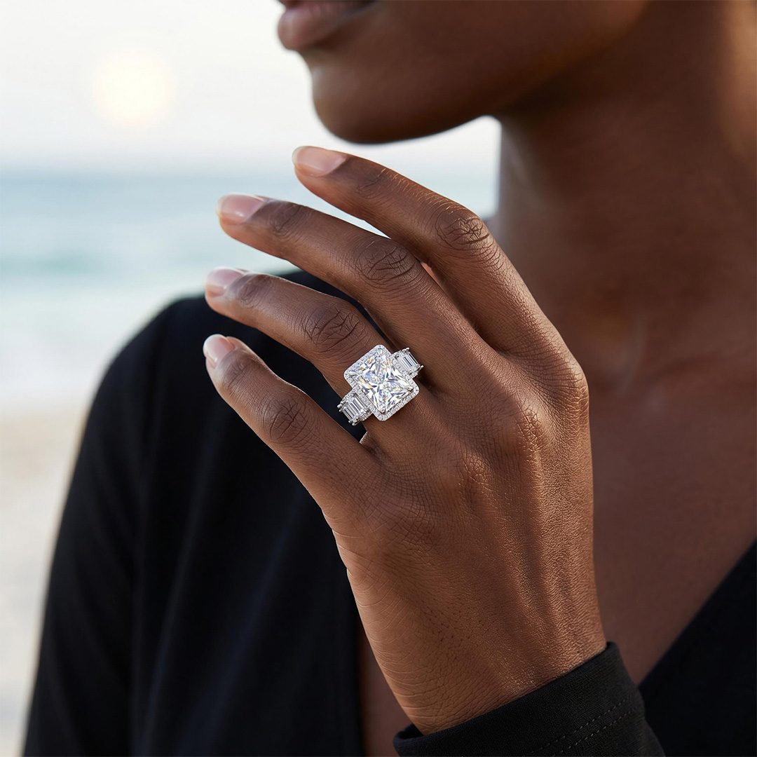 14.16ct. tw. Radiant Cut VVS Moissanite Halo Engagement Ring 14.16ct. tw. Radiant Cut VVS Moissanite Halo Engagement Ring
