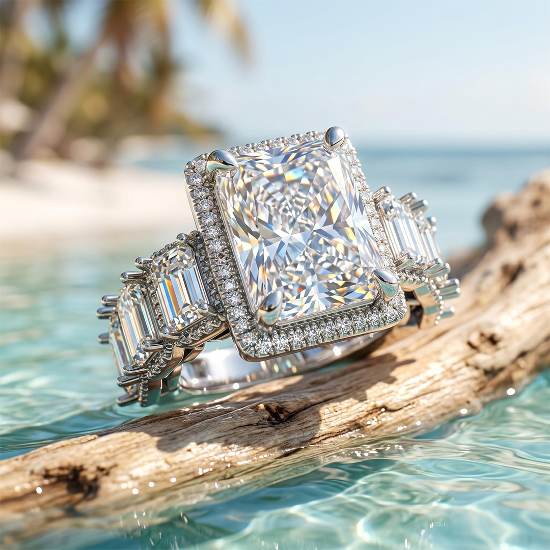 14.16ct. tw. Radiant Cut VVS Moissanite Halo Engagement Ring 14.16ct. tw. Radiant Cut VVS Moissanite Halo Engagement Ring