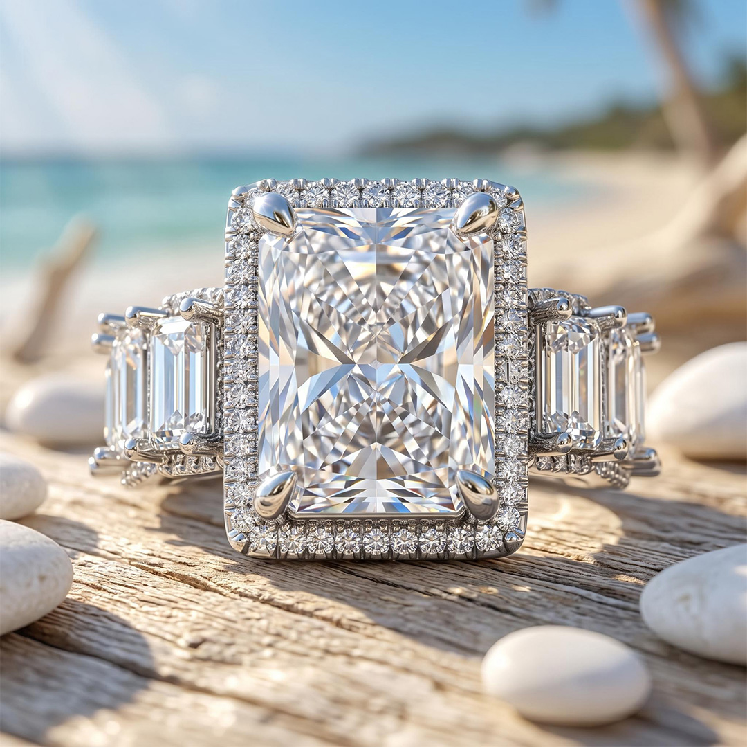 14.16ct. tw. Radiant Cut VVS Moissanite Halo Engagement Ring 14.16ct. tw. Radiant Cut VVS Moissanite Halo Engagement Ring