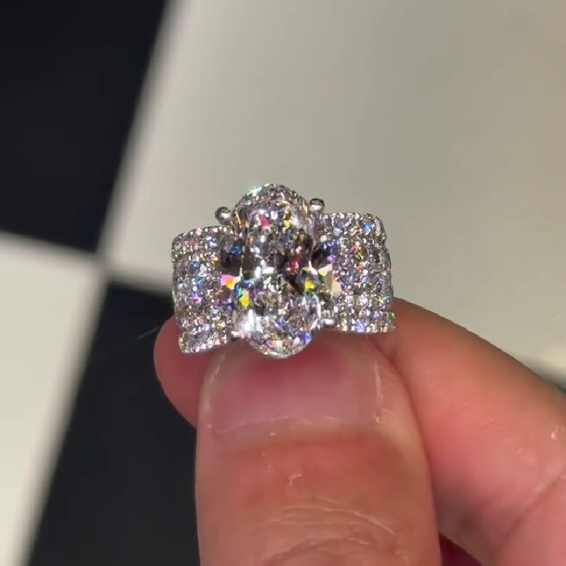 8.8CT Oval Cut VVS Moissanite Pave Engagement Ring