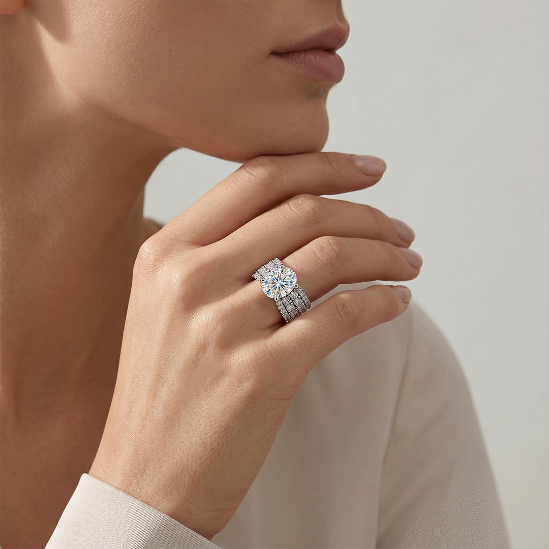 9.4ct. tw. Oval Cut VVS Moissanite Pave Engagement Ring