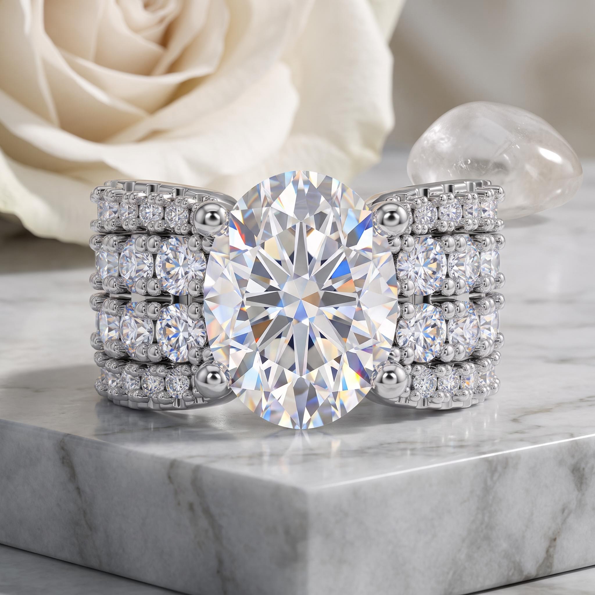 9.4ct. tw. Oval Cut VVS Moissanite Pave Engagement Ring 9.4ct. tw. Oval Cut VVS Moissanite Pave Engagement Ring