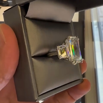 4.78CT Emerald Cut VVS Moissanite Three Stone Engagement Ring