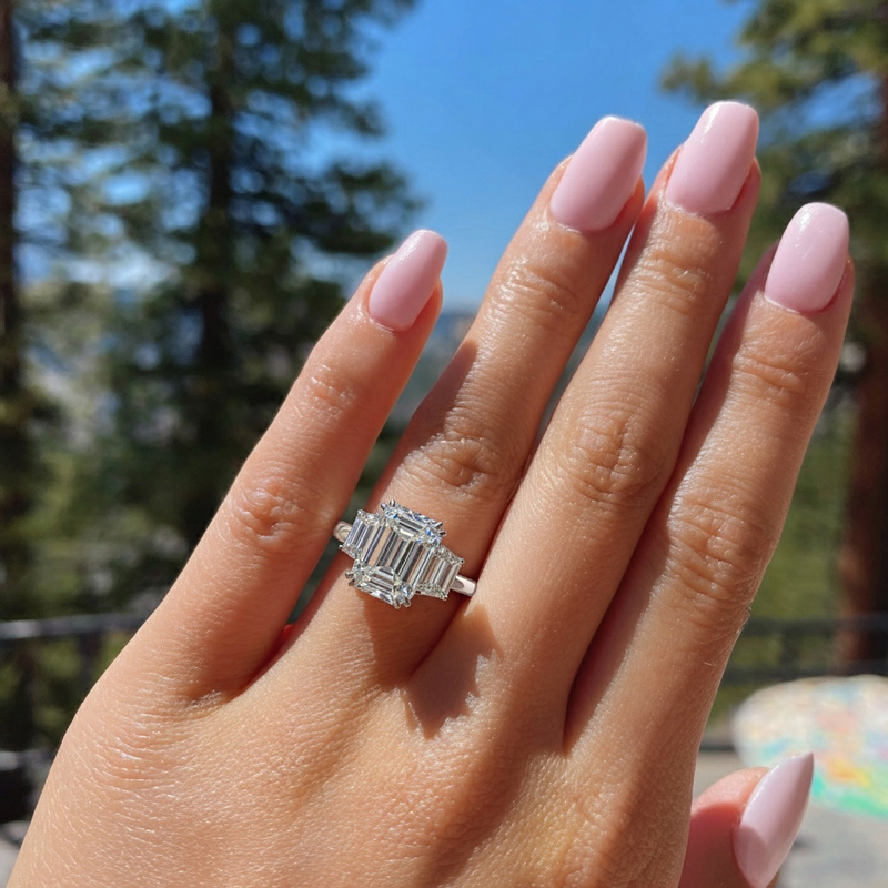 4.78CT Emerald Cut VVS Moissanite Three Stone Engagement Ring