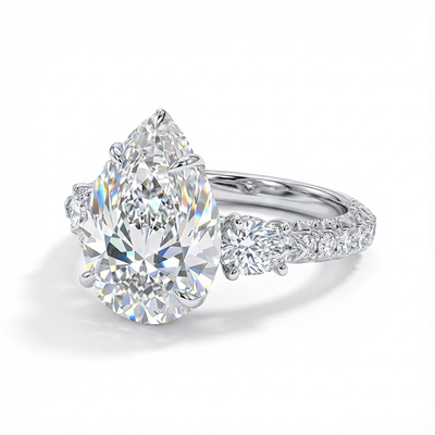 4.2CT Pear Cut VVS Moissanite Three Stone Engagement Ring