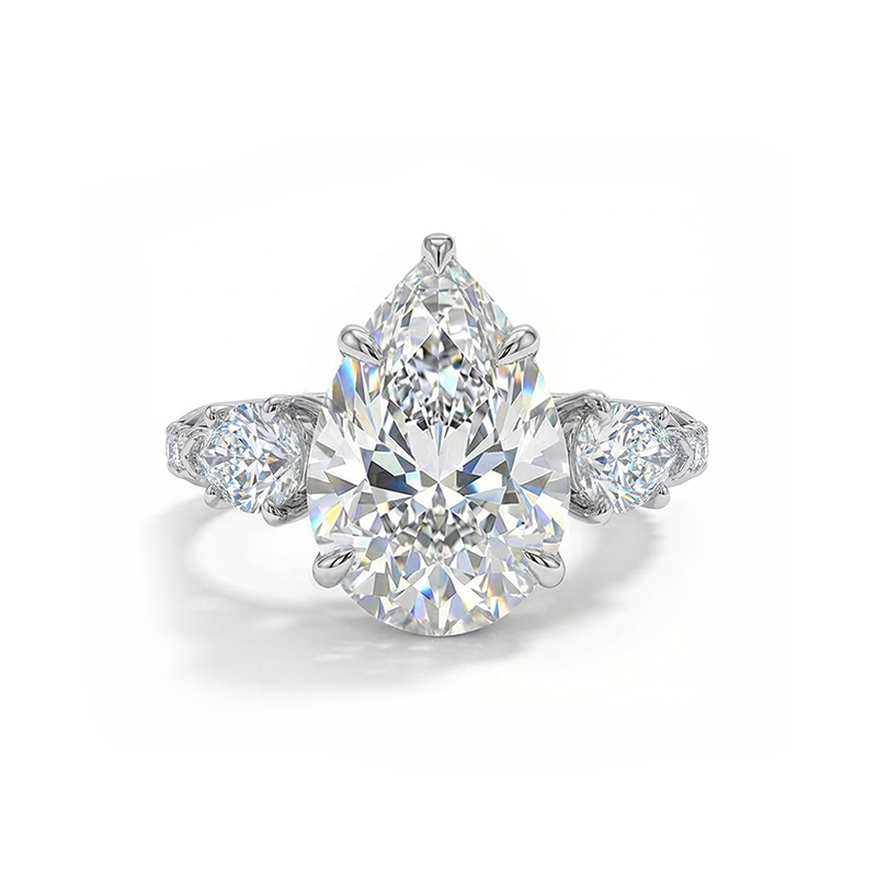 4.2CT Pear Cut VVS Moissanite Three Stone Engagement Ring