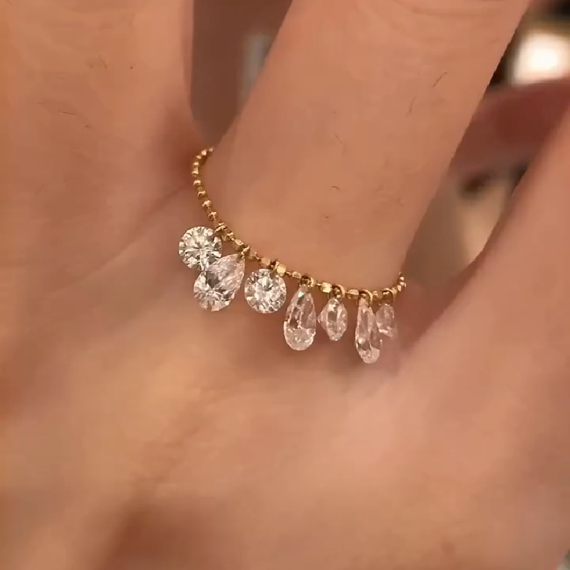 Adjustable Gold Band Ring with Diamond Charms