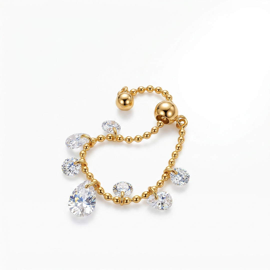 Adjustable Gold Band Ring with Diamond Charms