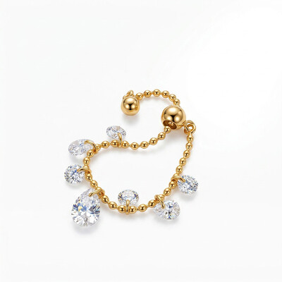 Adjustable Gold Band Ring with Diamond Charms