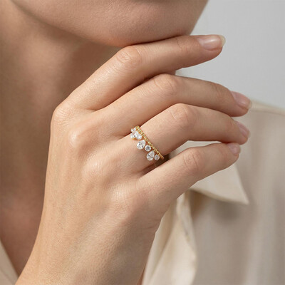 Adjustable Gold Band Ring with Diamond Charms