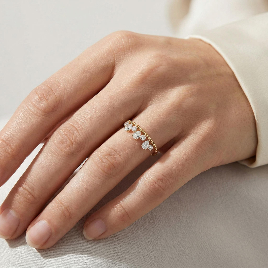 Adjustable Gold Band Ring with Diamond Charms