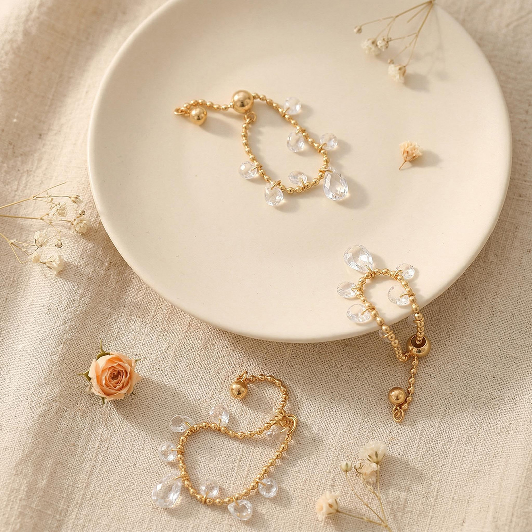 Adjustable Gold Band Ring with Diamond Charms