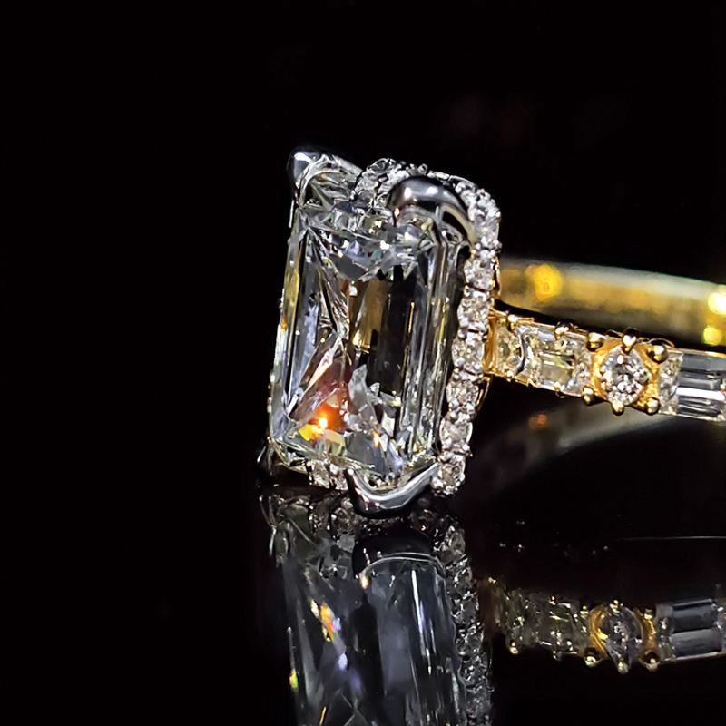 4.18CT Emerald Cut VVS Moissanite Halo Engagement Ring
