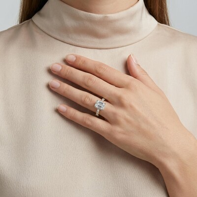 4.18CT Emerald Cut VVS Moissanite Halo Engagement Ring