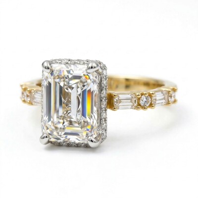 4.18CT Emerald Cut VVS Moissanite Halo Engagement Ring