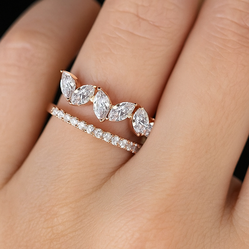 1.8CT Marquise & Round Cut VVS Moissanite Pave Wedding Band