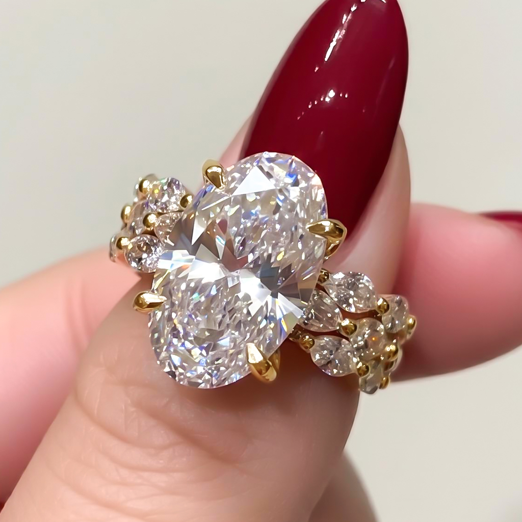 8.95CT Oval Cut VVS Moissanite Pave Engagement Ring Sets