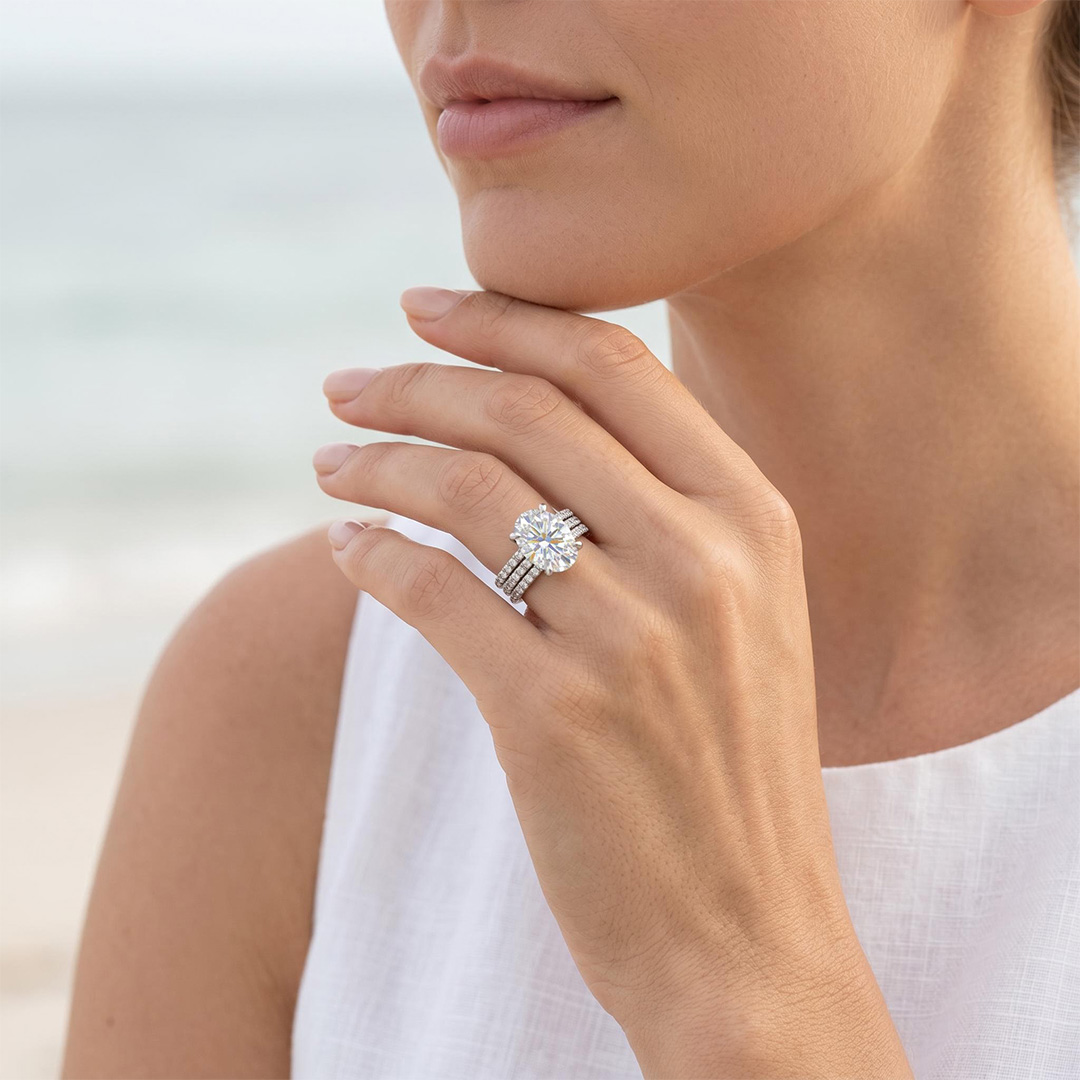 12.06ct. tw. Oval Cut VVS Moissanite Pave Engagement Ring Set 12.06ct. tw. Oval Cut VVS Moissanite Pave Engagement Ring Set