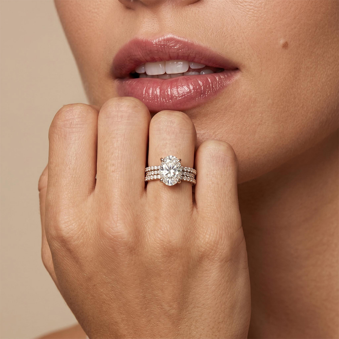 12.06ct. tw. Oval Cut VVS Moissanite Pave Engagement Ring Set 12.06ct. tw. Oval Cut VVS Moissanite Pave Engagement Ring Set