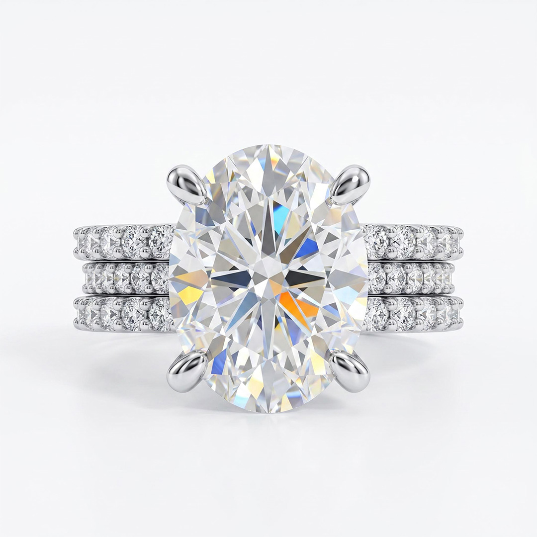 12.06ct. tw. Oval Cut VVS Moissanite Pave Engagement Ring Set 12.06ct. tw. Oval Cut VVS Moissanite Pave Engagement Ring Set