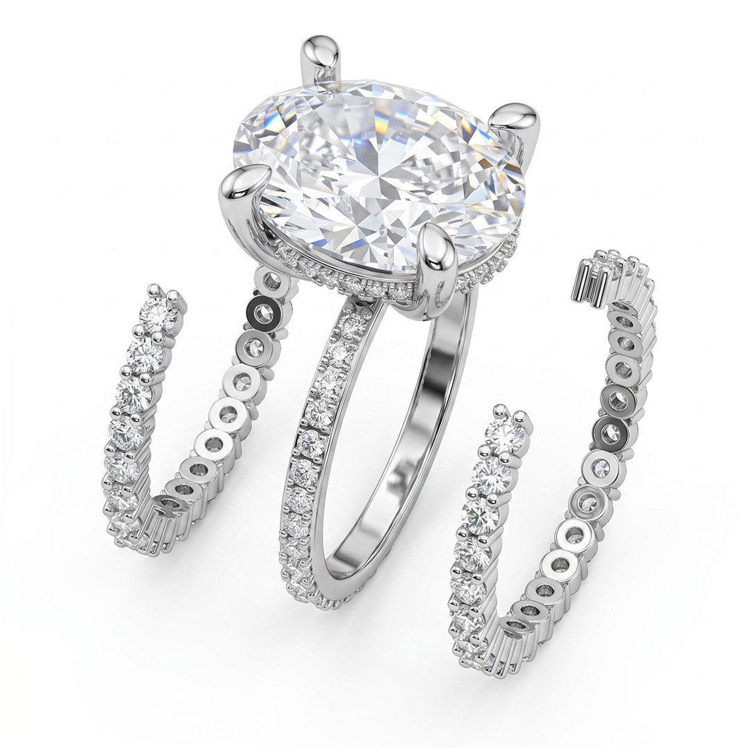 12.06ct. tw. Oval Cut VVS Moissanite Pave Engagement Ring Set 12.06ct. tw. Oval Cut VVS Moissanite Pave Engagement Ring Set