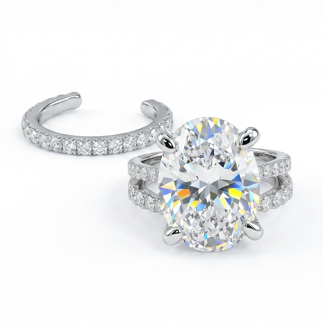 12.06ct. tw. Oval Cut VVS Moissanite Pave Engagement Ring Set 12.06ct. tw. Oval Cut VVS Moissanite Pave Engagement Ring Set