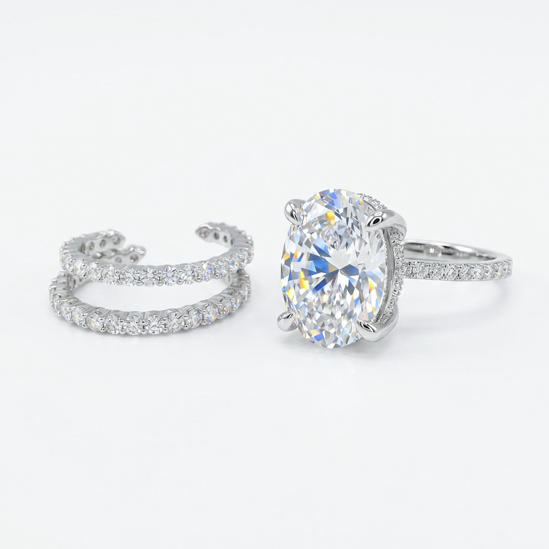 12.06ct. tw. Oval Cut VVS Moissanite Pave Engagement Ring Set 12.06ct. tw. Oval Cut VVS Moissanite Pave Engagement Ring Set