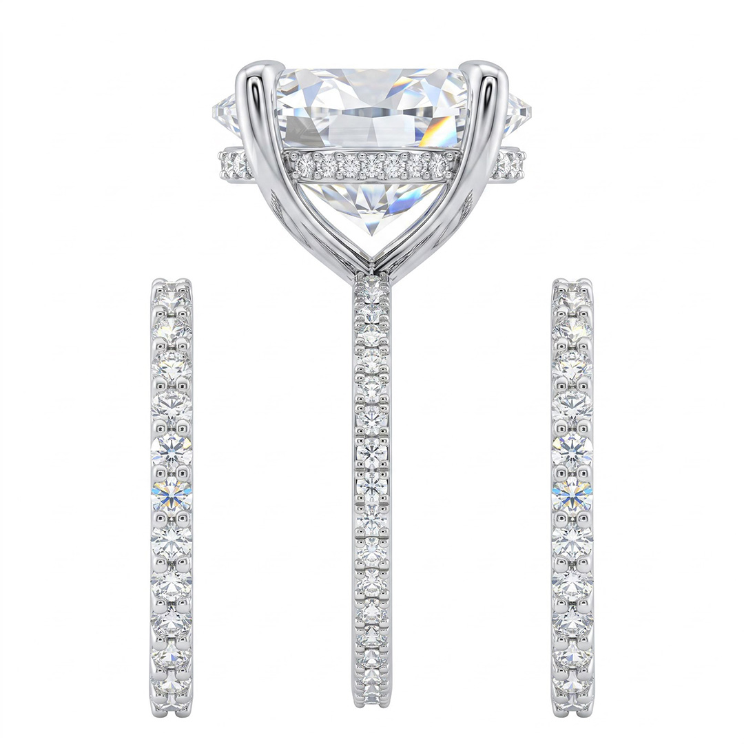 12.06ct. tw. Oval Cut VVS Moissanite Pave Engagement Ring Set 12.06ct. tw. Oval Cut VVS Moissanite Pave Engagement Ring Set