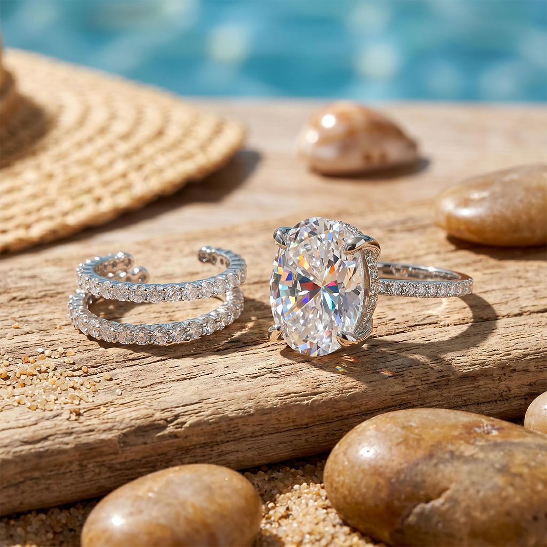 12.06ct. tw. Oval Cut VVS Moissanite Pave Engagement Ring Set 12.06ct. tw. Oval Cut VVS Moissanite Pave Engagement Ring Set
