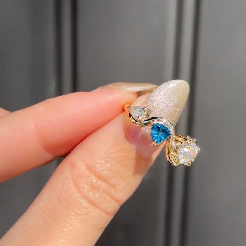 Blue & Clear Gemstones Curved Engagement Ring