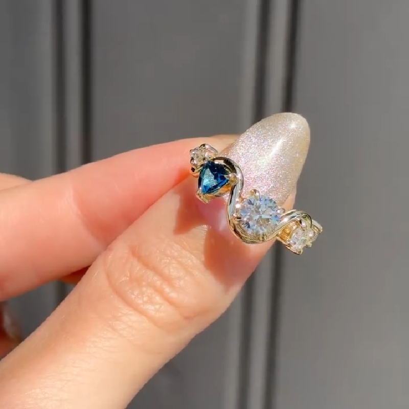 Blue & Clear Gemstones Curved Engagement Ring