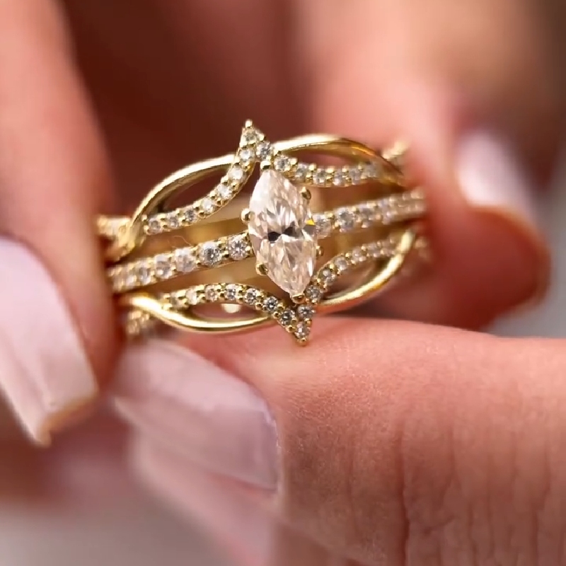 3.2CT Marquise Cut VVS Moissanite Pave Engagement Ring Set