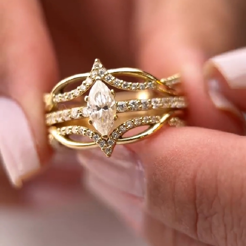 3.2CT Marquise Cut VVS Moissanite Pave Engagement Ring Set