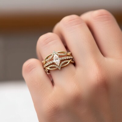 3.2CT Marquise Cut VVS Moissanite Pave Engagement Ring Set