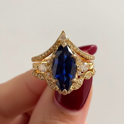 6.66CT Blue Marquise Cut Gemstone Vintage Engagement Ring Set
