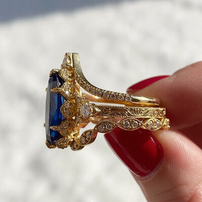 6.66CT Blue Marquise Cut Gemstone Vintage Engagement Ring Set