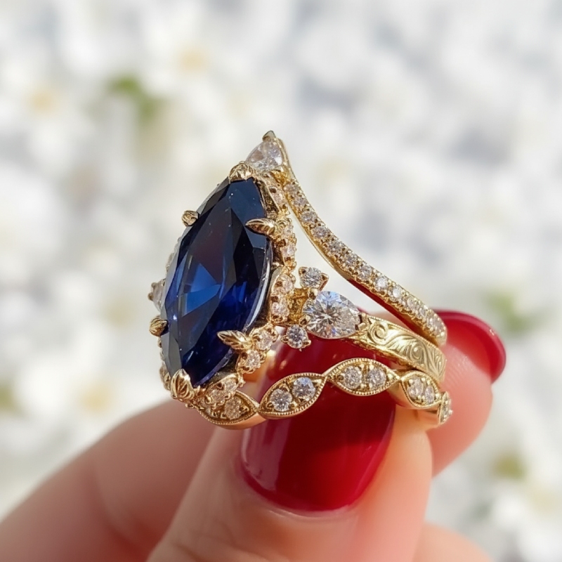 6.66CT Blue Marquise Cut Gemstone Vintage Engagement Ring Set