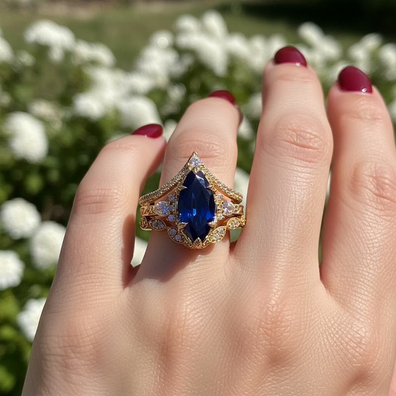 6.66CT Blue Marquise Cut Gemstone Vintage Engagement Ring Set