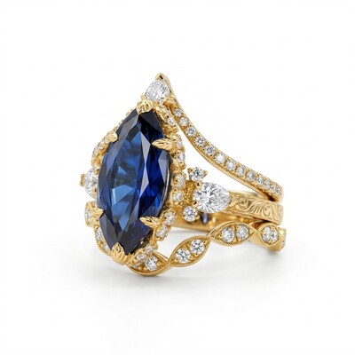 6.66CT Blue Marquise Cut Gemstone Vintage Engagement Ring Set