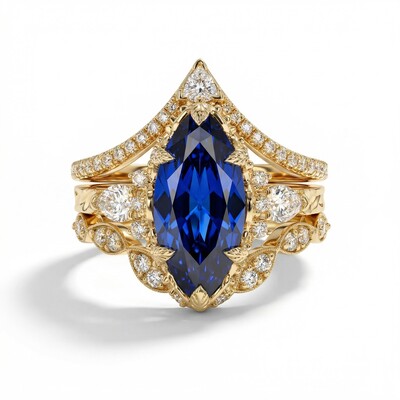 6.66CT Blue Marquise Cut Gemstone Vintage Engagement Ring Set