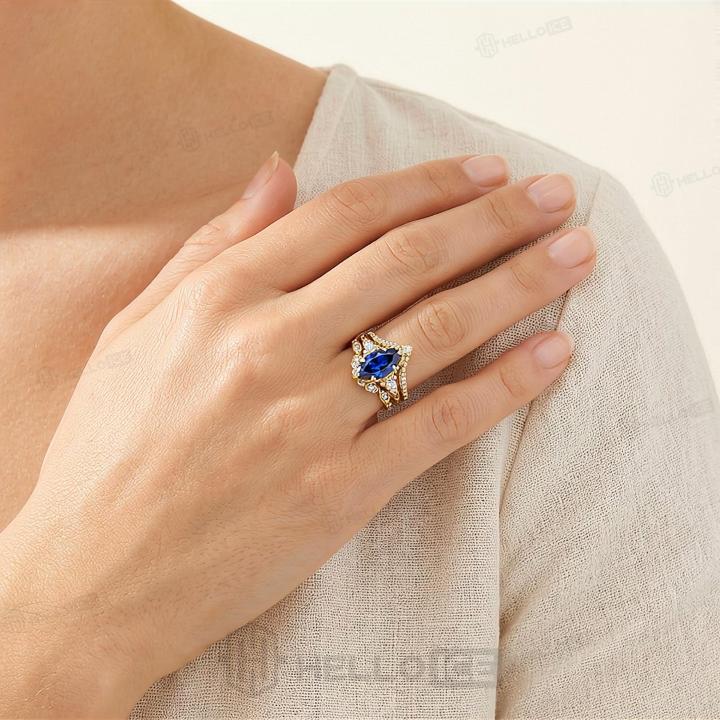 6.66CT Blue Marquise Cut Gemstone Vintage Engagement Ring Set