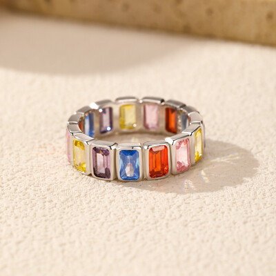 S925 Silver Colorful Baguette Cut Wedding Band