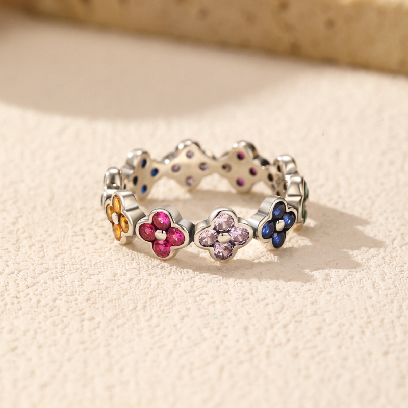 S925 Silver Colorful Four Leaf Clover Wedding Band