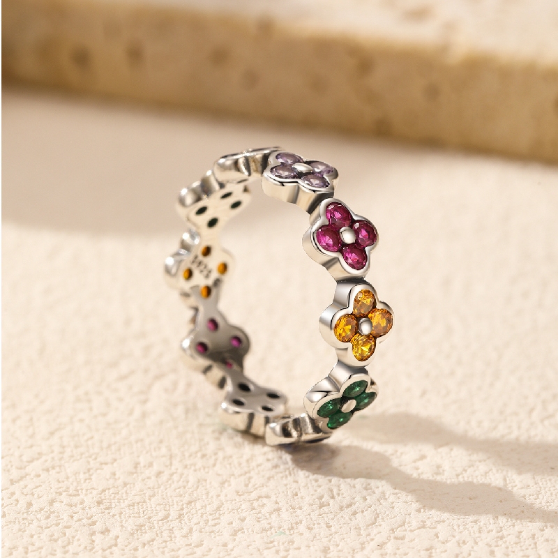 S925 Silver Colorful Four Leaf Clover Wedding Band