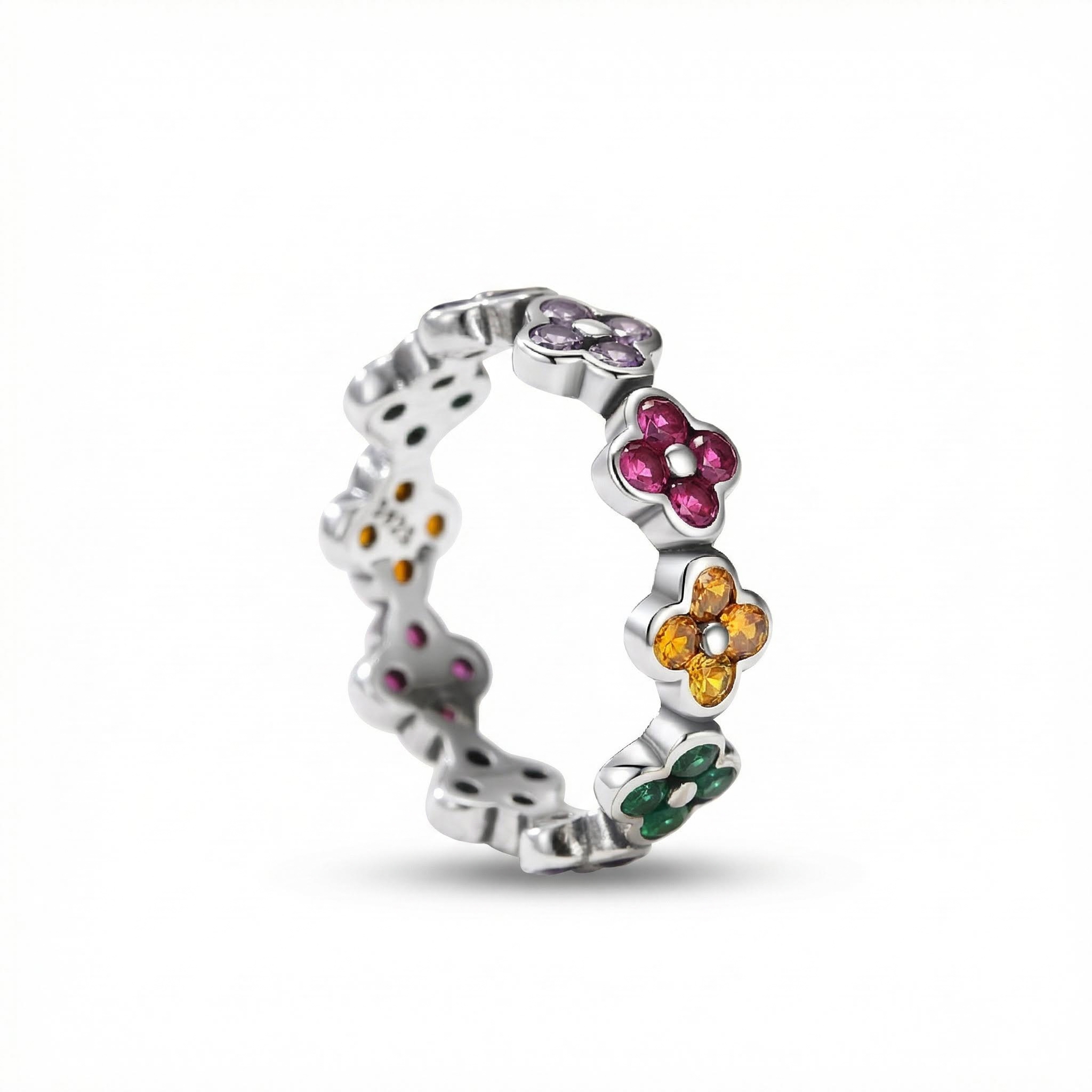 S925 Silver Colorful Four Leaf Clover Wedding Band S925 Silver Colorful Four Leaf Clover Wedding Band
