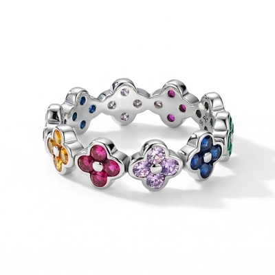 S925 Silver Colorful Four Leaf Clover Wedding Band