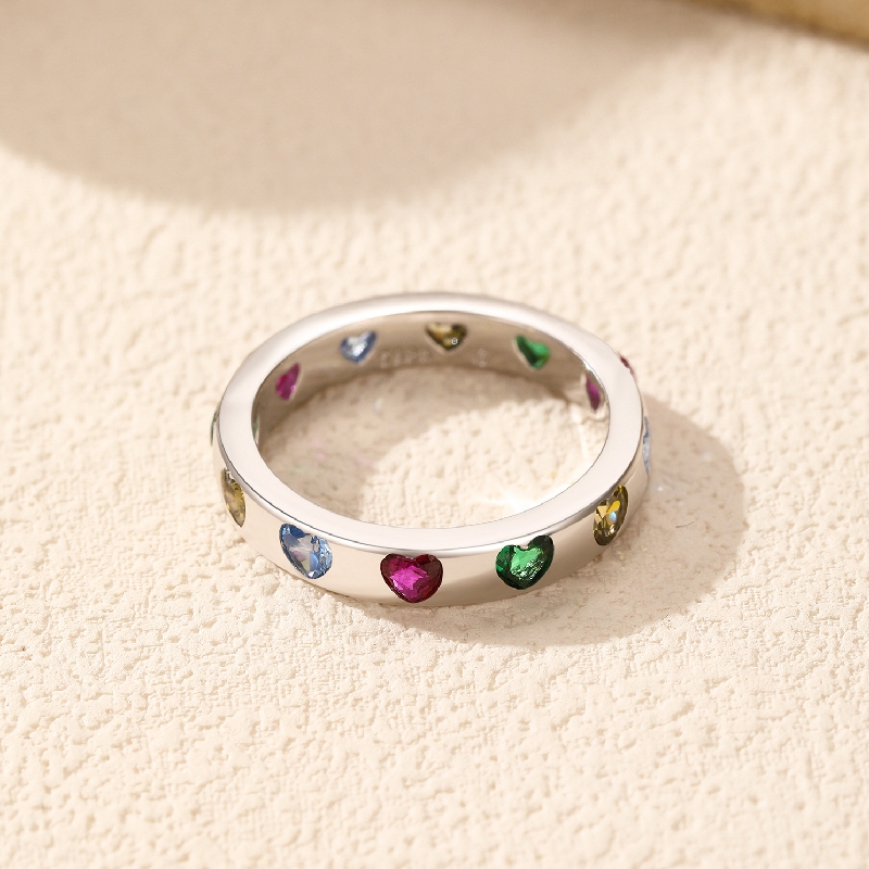 S925 Silver Colorful Heart Cut Wedding Band